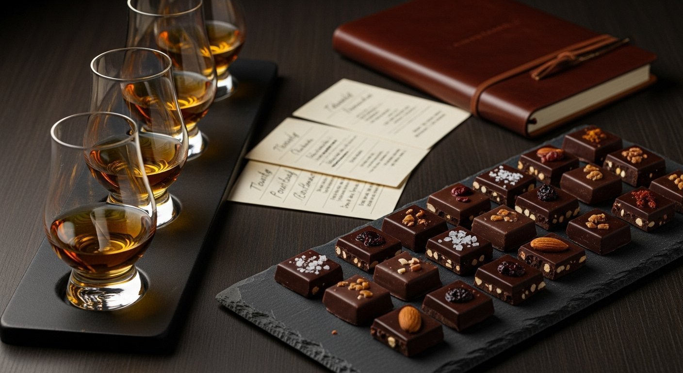 Flat-lay of whiskey glasses and fine dark chocolate squares on a wooden table, illustrating the art and science of chocolate and whiskey pairing.