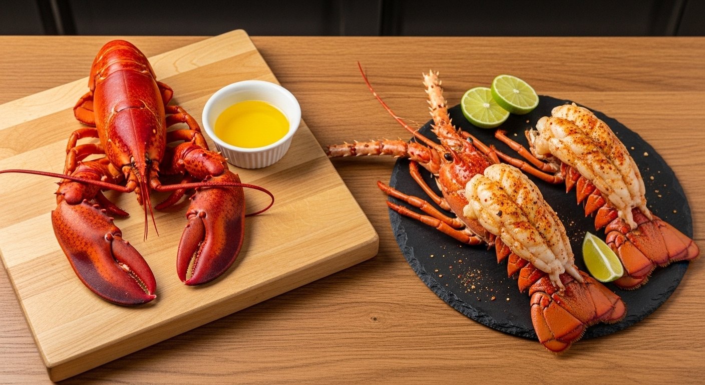An elegant, fine-dining ceramic plate featuring artfully arranged poached cold-water lobster claw meat and a sliced, grilled warm-water lobster tail medallion.