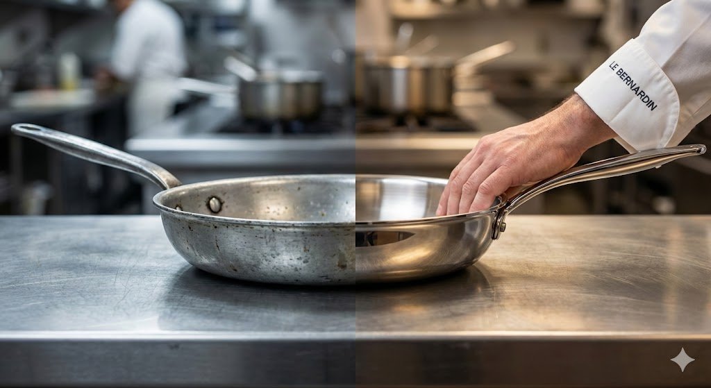A side-by-side comparison of a pitted aluminum pan versus a durable clad stainless steel pan in a professional kitchen.